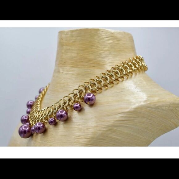 VINTAGE Kenneth Jay Lane Rare Gold Amethyst Purple Glass PEARLNecklace bracelet - Picture 5 of 17